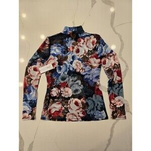 Guess M Floral Mesh Mock Neck Top Y2K Rose Print Sheer Long Womens $49